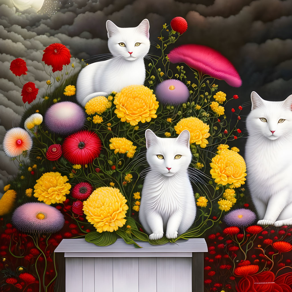 Three white cats in colorful flower field under sunny sky