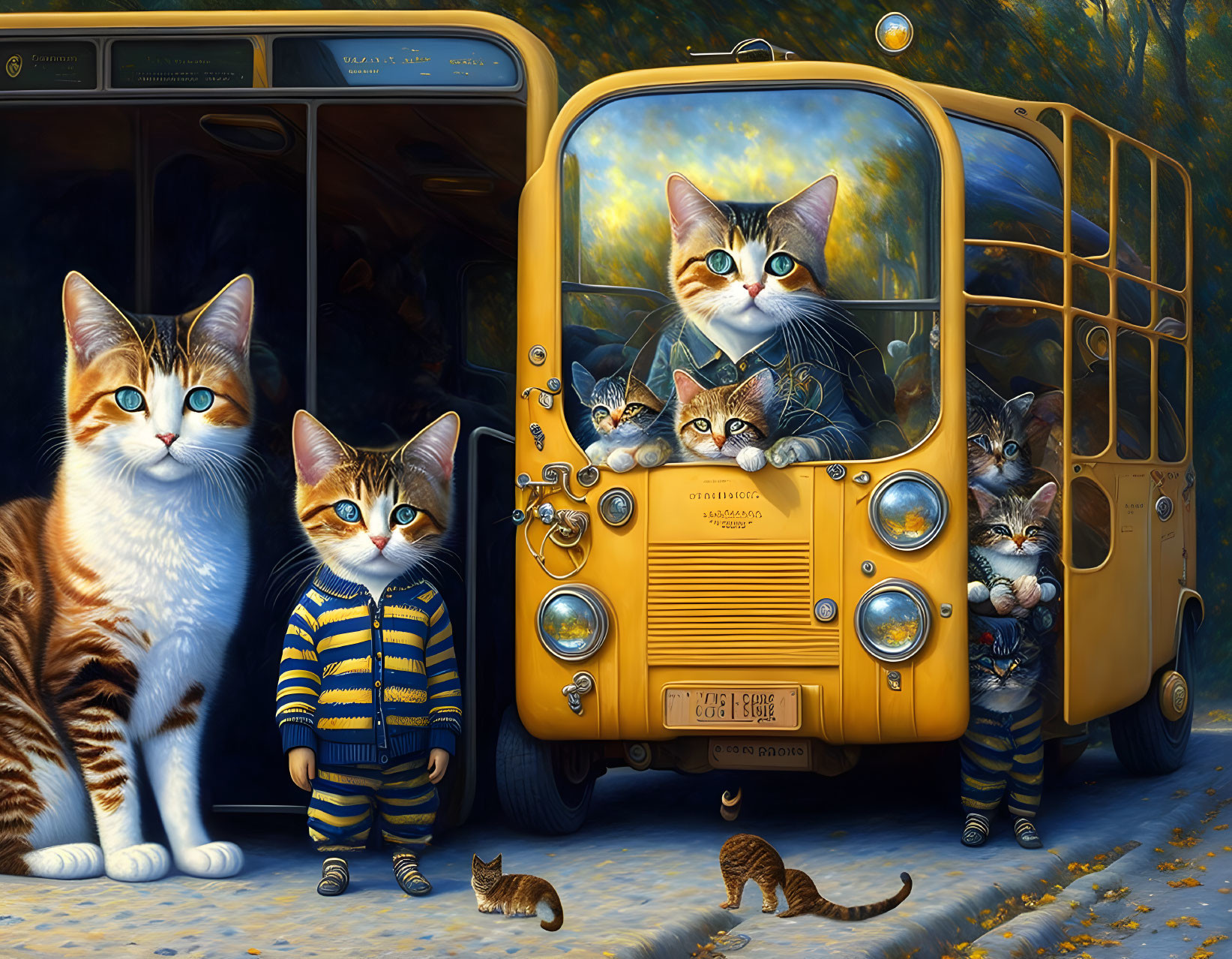 Anthropomorphic Cats on Yellow School Bus in Autumn Scene