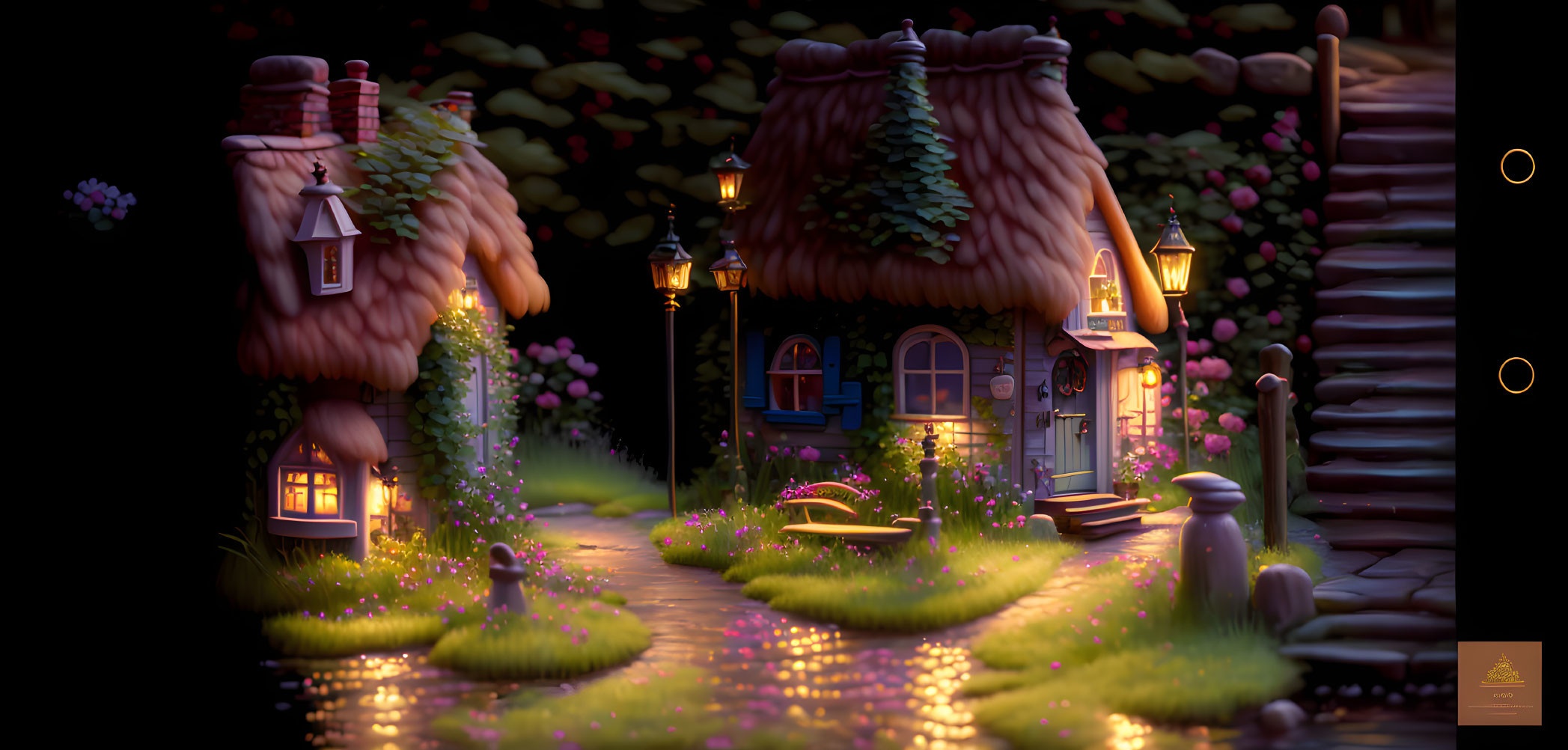 Whimsical fantasy village at night with thatched-roof cottages