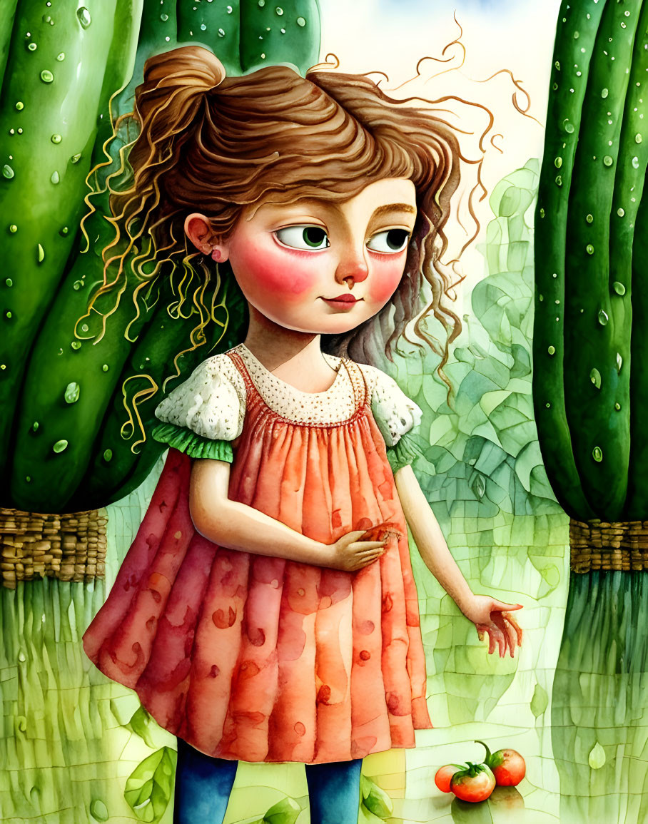 Curly-haired girl in red dress among cacti and tomatoes in garden