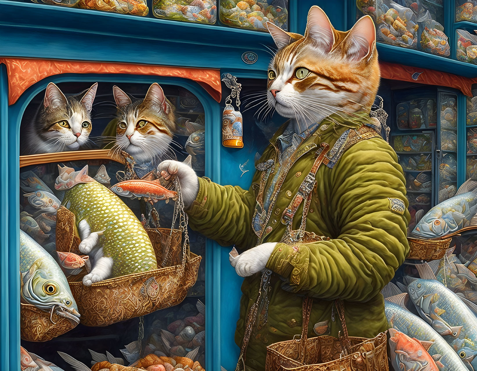 Anthropomorphic cat in green coat sells fish to two cats at stall