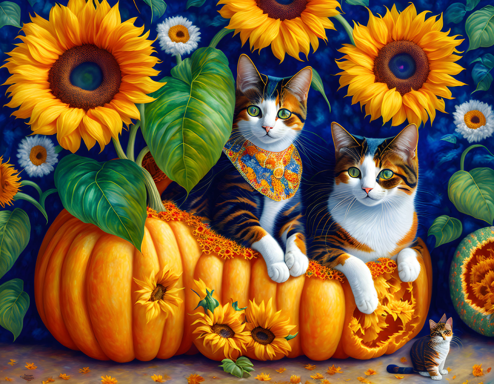 Colorful Cats with Bandanas Among Pumpkins and Sunflowers on Blue Floral Background