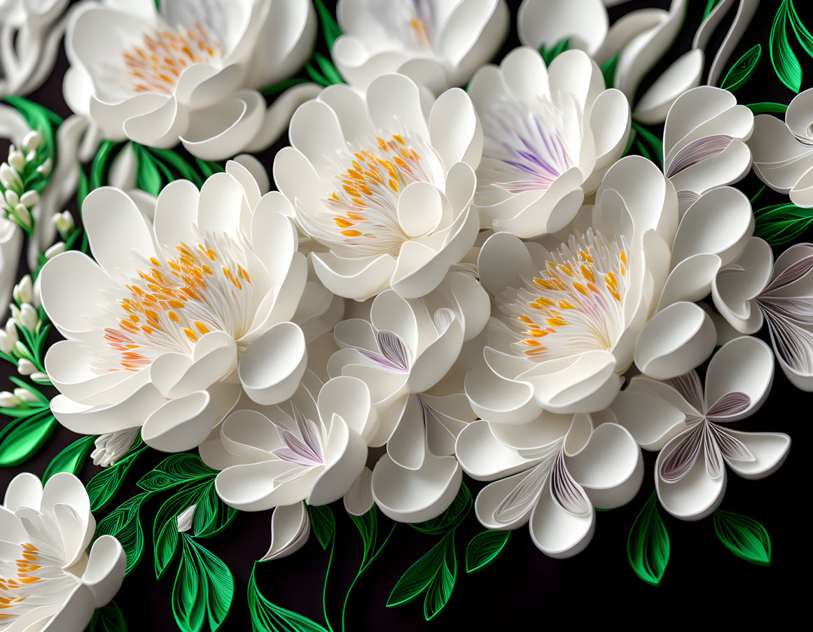 Digital Art: White Flowers with Yellow Stamens and Purple Highlights