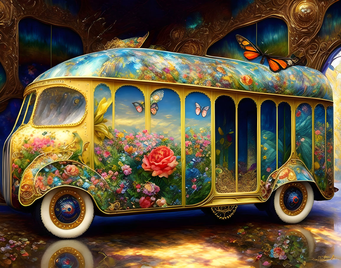 Vintage Fantasy Bus with Floral, Butterfly Motifs & Golden Accents