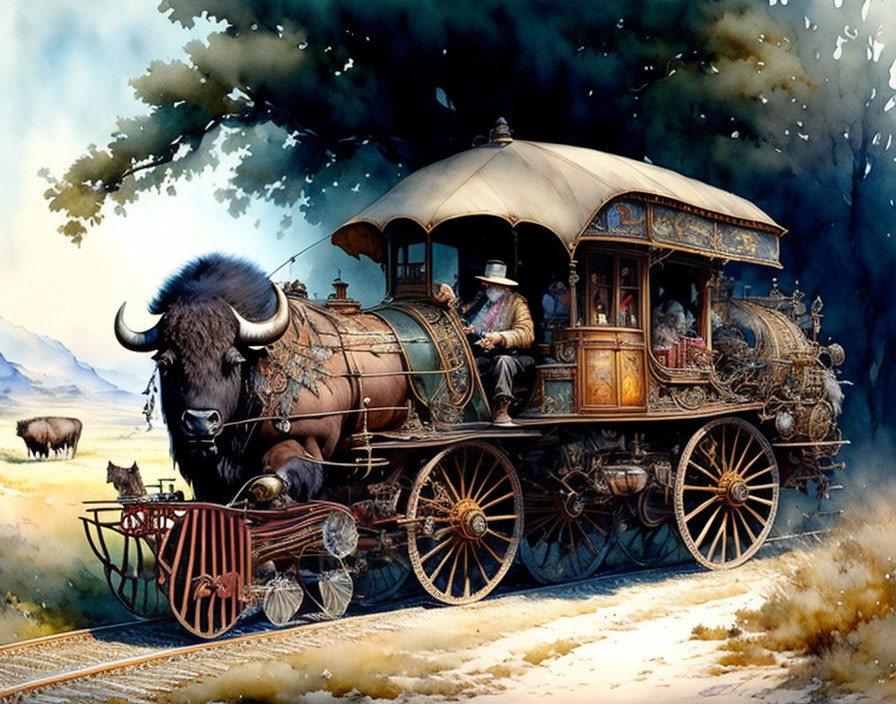 Steampunk-style train carriage pulled by giant bison in pastoral setting