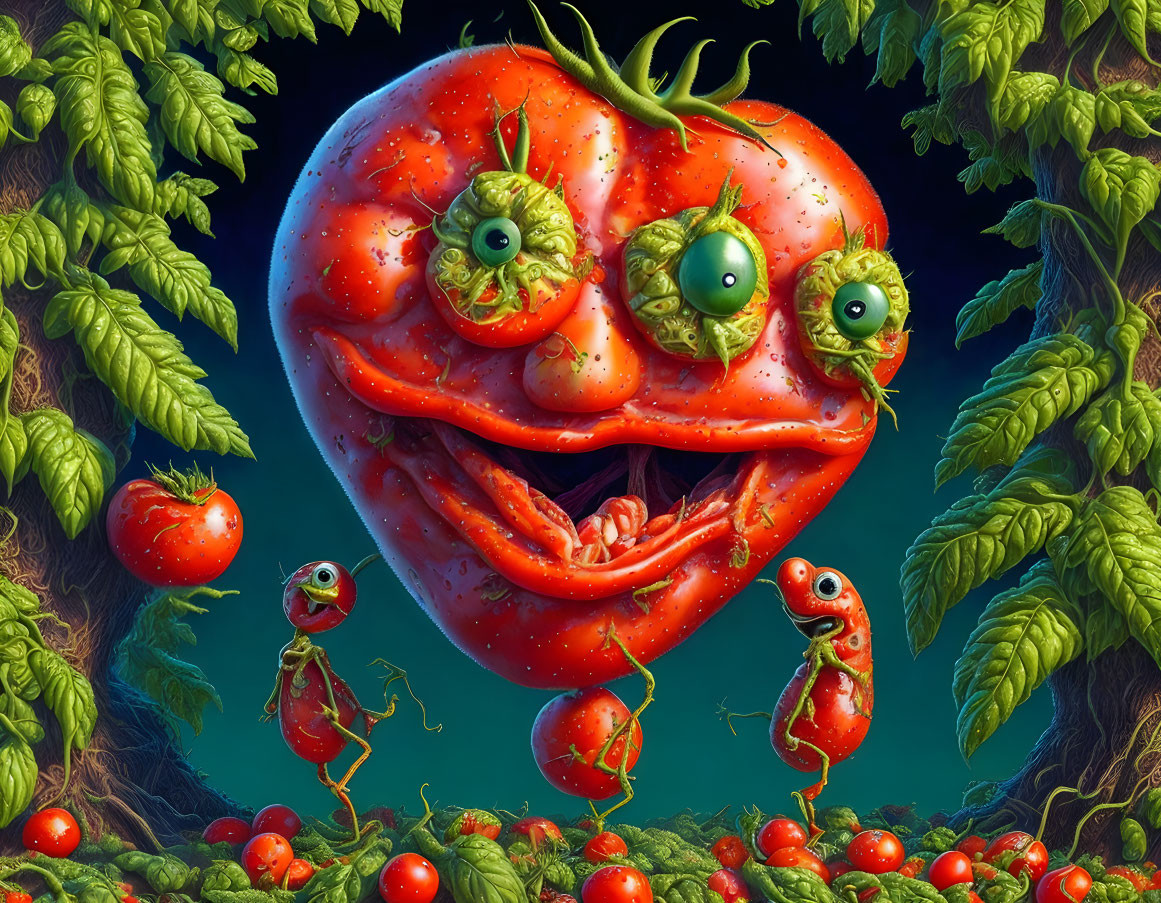 Anthropomorphic tomato characters on vine backdrop