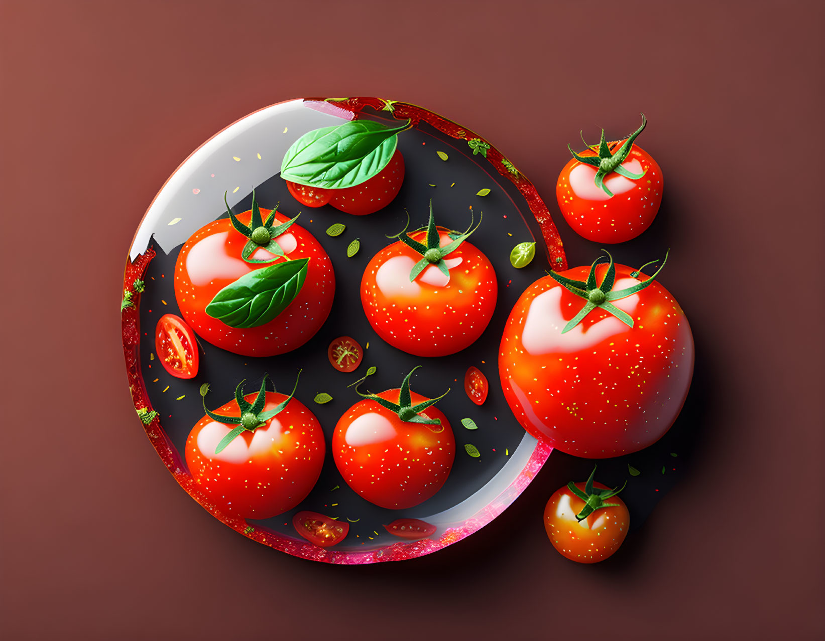 Fresh tomatoes and basil with herbs on dark plate.