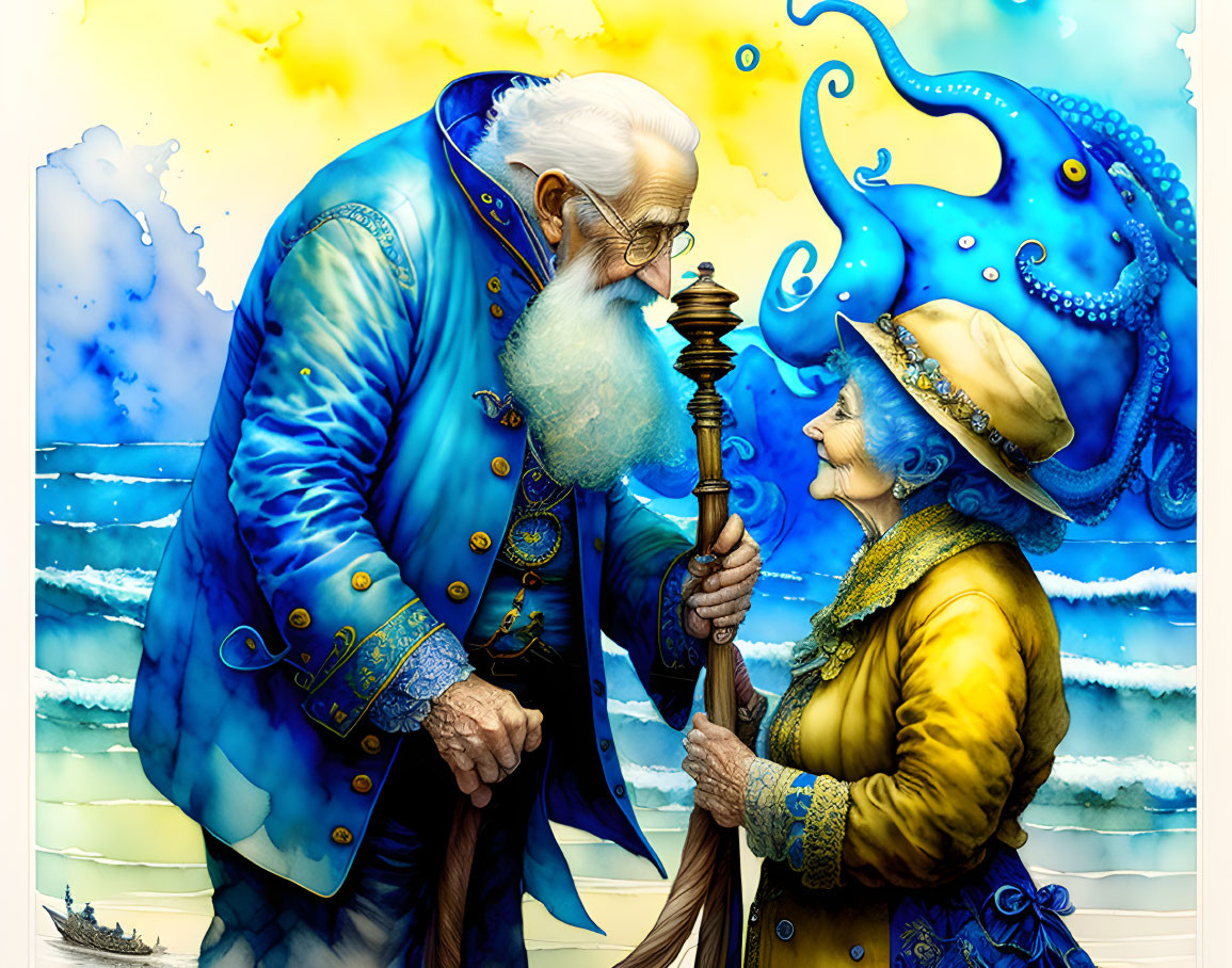 Elderly fantastical couple in vibrant sea-themed attire with octopus-like features