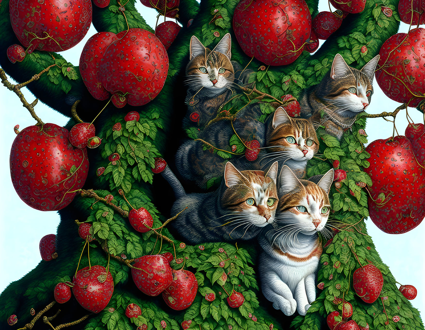 Multiple Cats Merging with Tree Adorned with Red Fruits