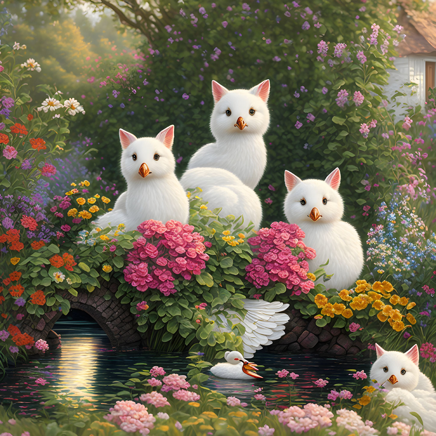 Colorful Whimsical Cats with Wings and Flowers by a Pond