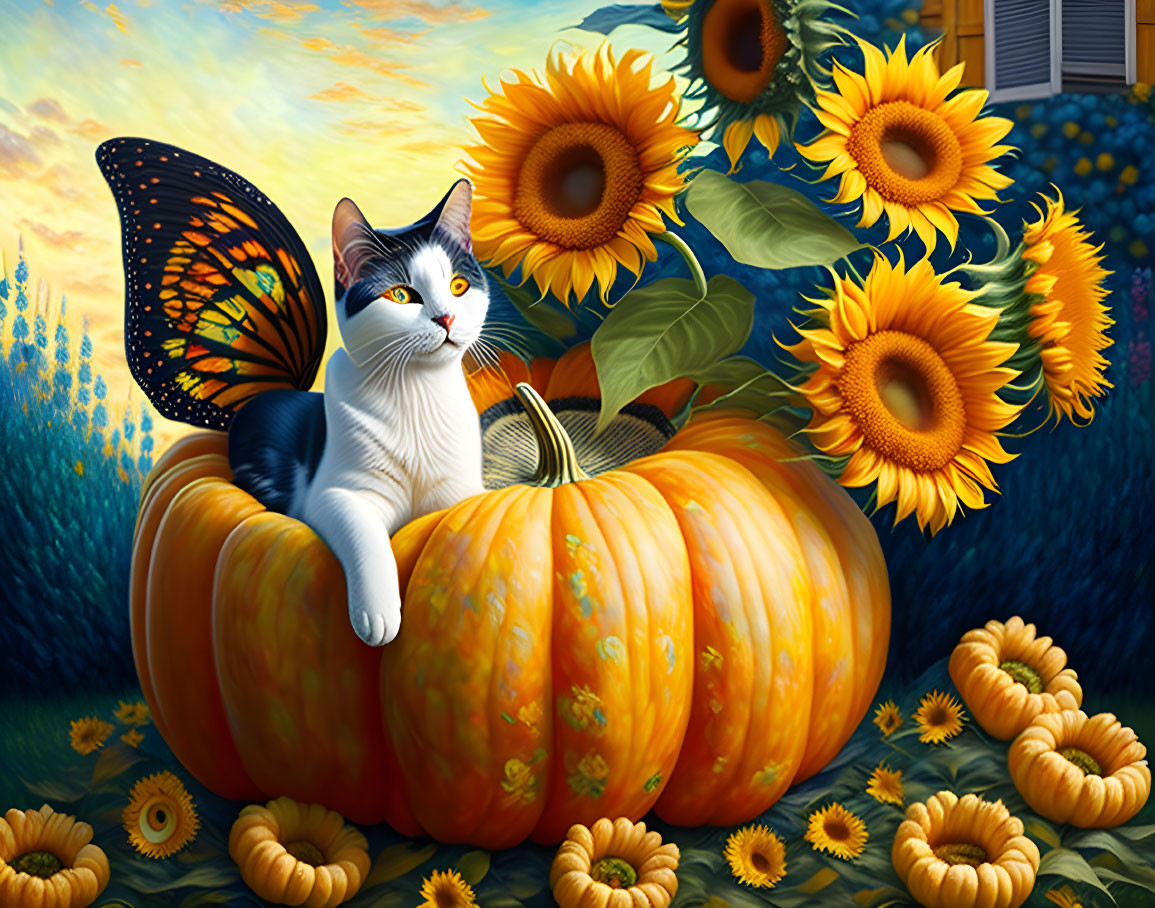 Cat with butterfly wings in pumpkin surrounded by sunflowers & pumpkins