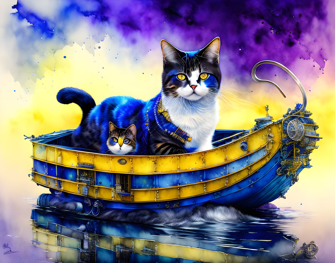 Two cats on fantasy boat with vivid nebula background.