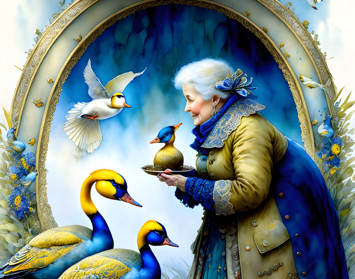 Elderly woman feeding birds in vibrant nature setting