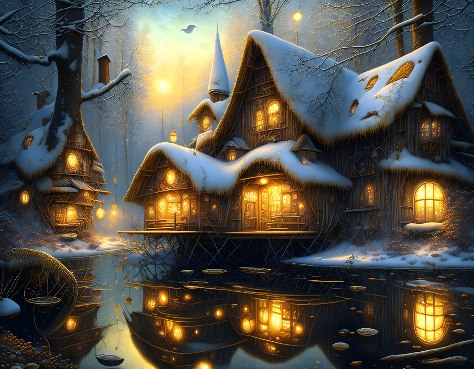 Tranquil forest pond with snow-covered cottages at dusk