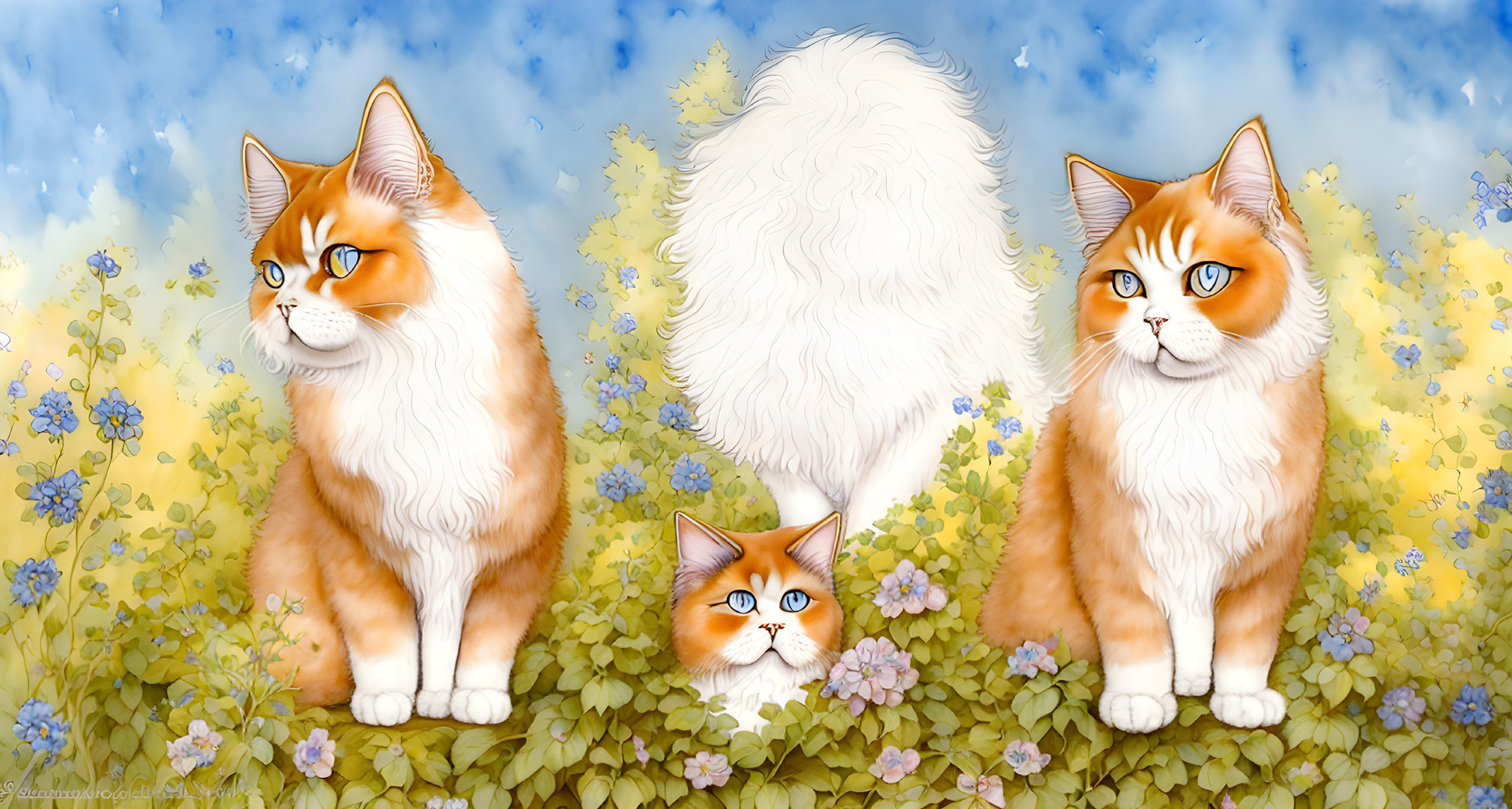 Three orange and white cats in colorful meadow with blue skies