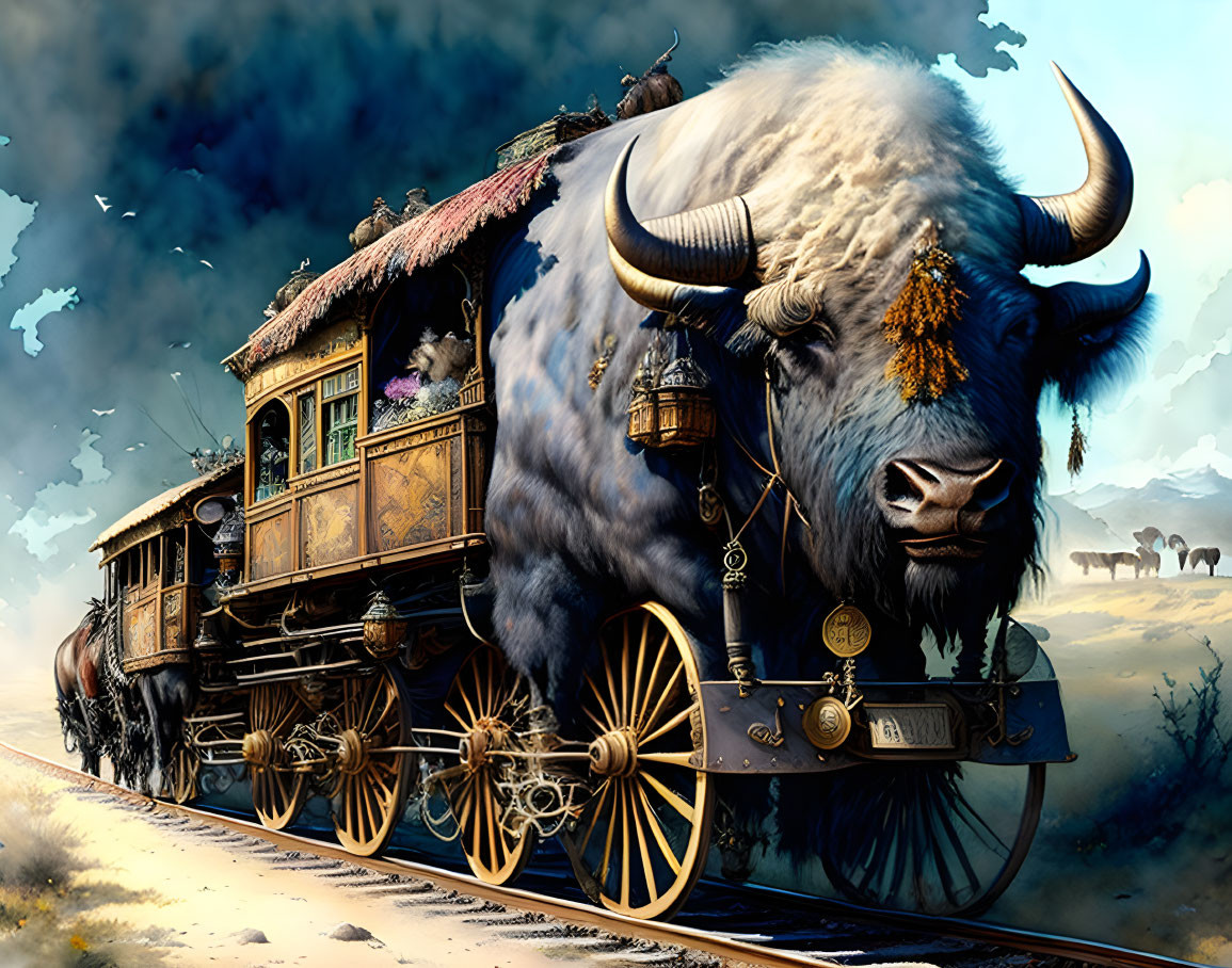 Fantastical train with bison elements and ornate details in natural setting