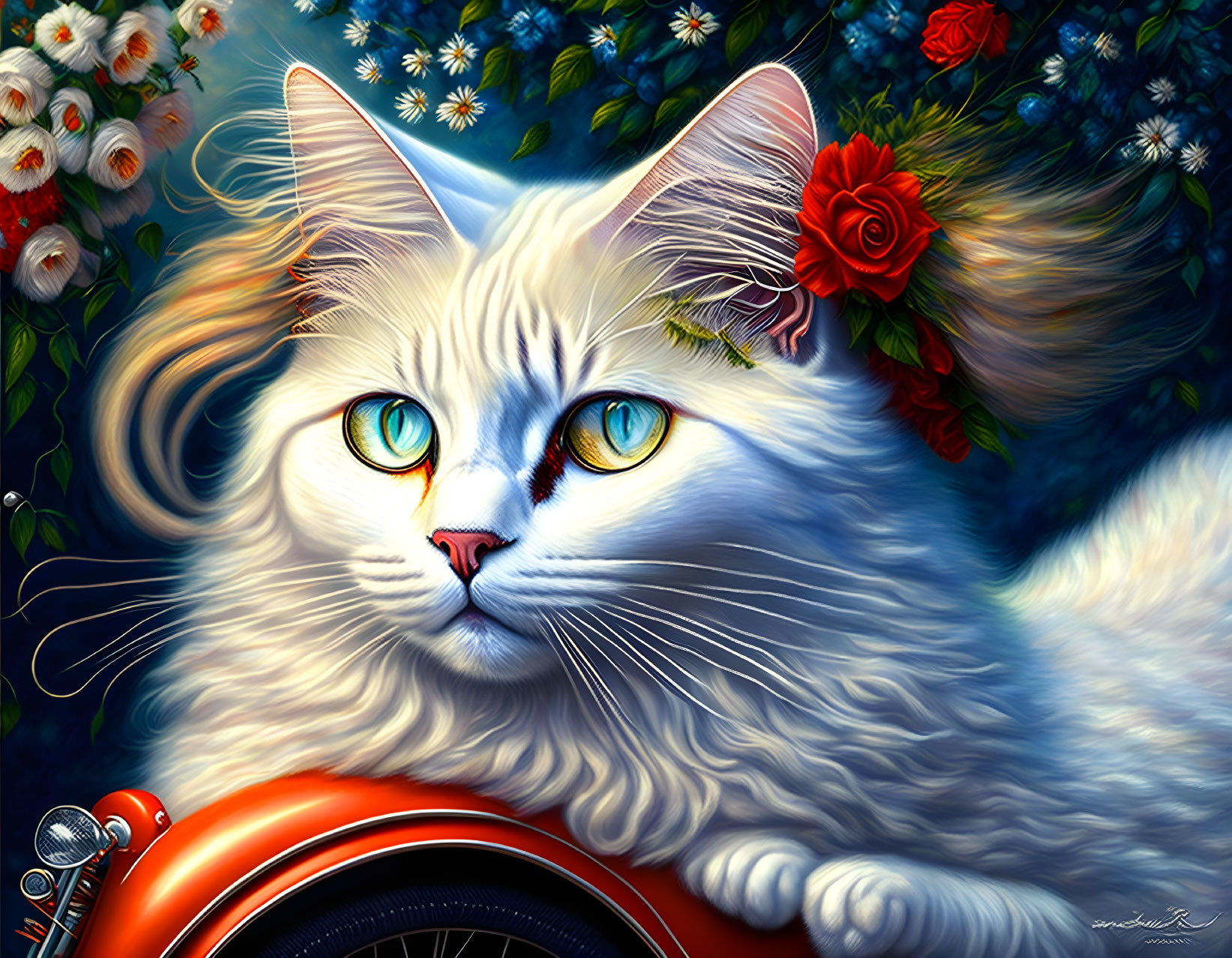 White Cat with Green Eyes and Red Flower in Illustrated Scene