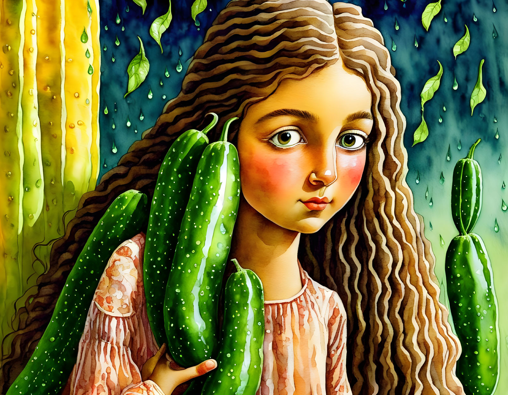 Stylized illustration of girl with curly cucumber hair in rainy backdrop