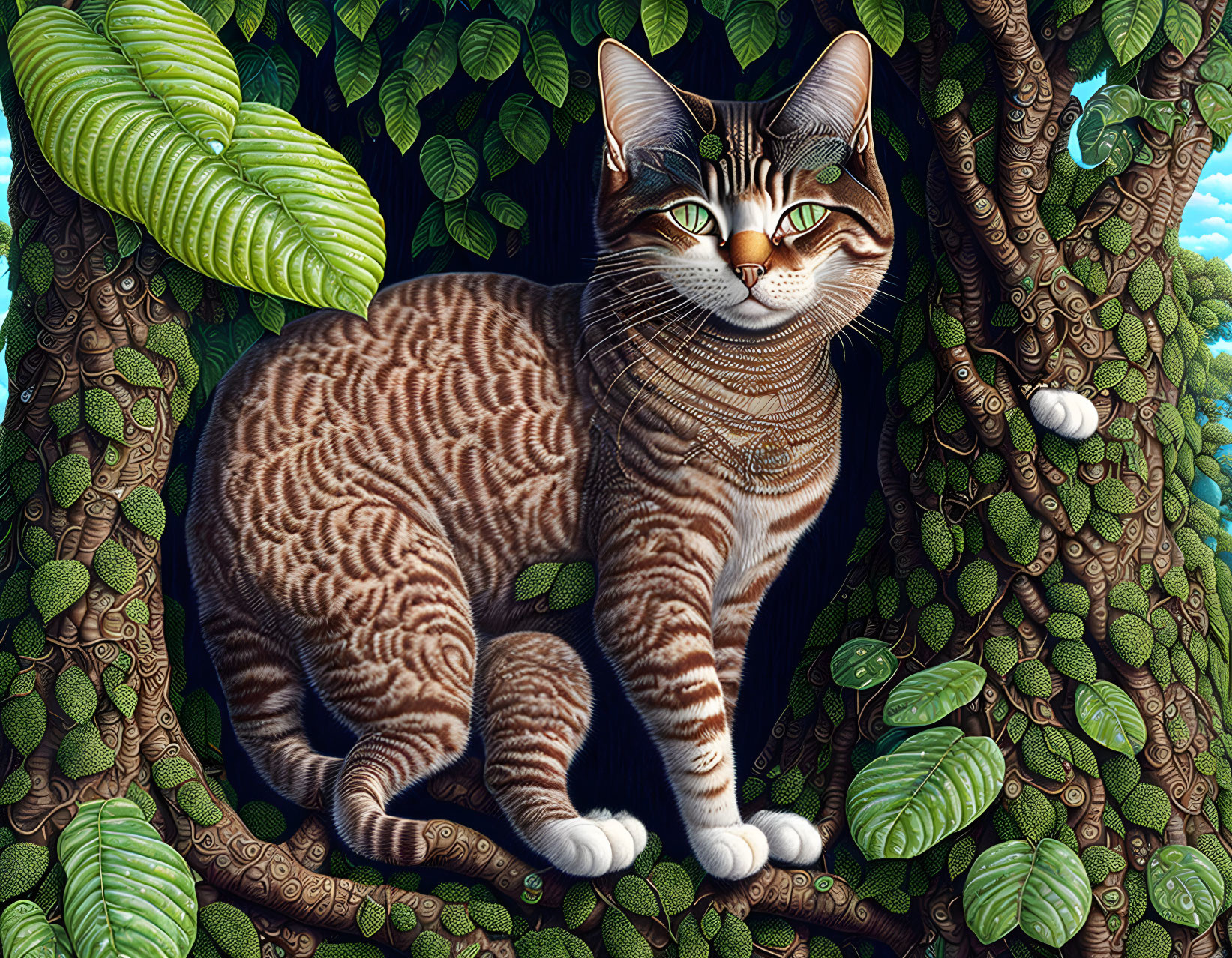 Striped cat with green eyes surrounded by lush greenery, beads, snails, and a blue