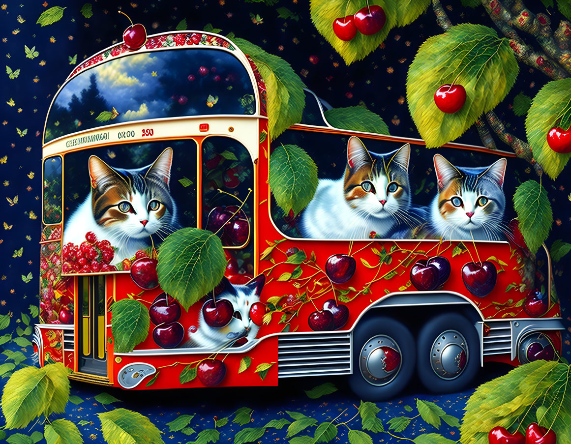 Cherry-decorated bus with cat faces under starry night sky