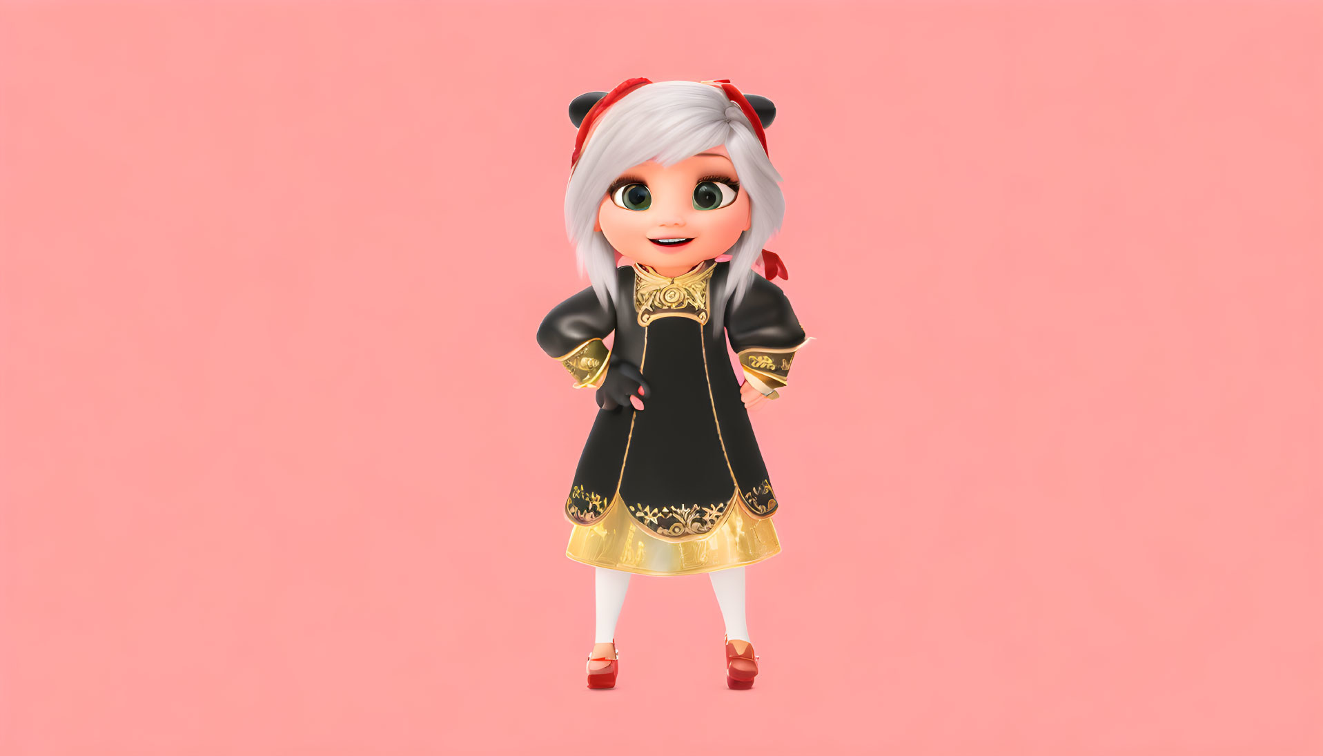 Silver-Haired Cat-Eared Character in Black & Gold Dress on Pink Background