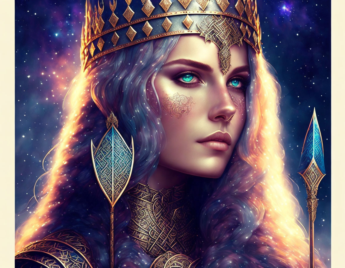 Fantasy female figure with blue hair and spear in cosmic setting