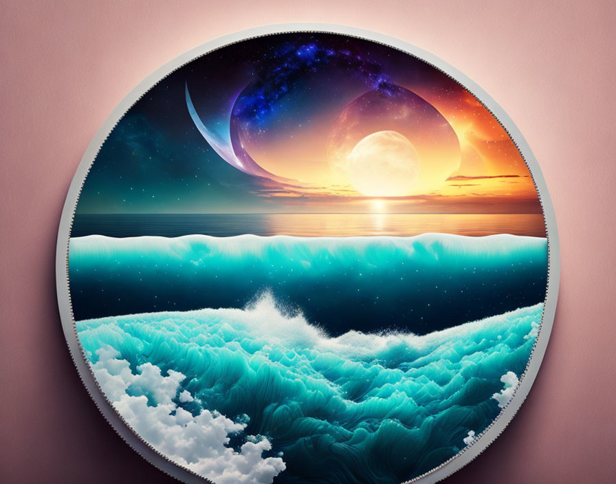 Circular surreal seascape with crescent moon, sun, and stars blending in fantastical sky.