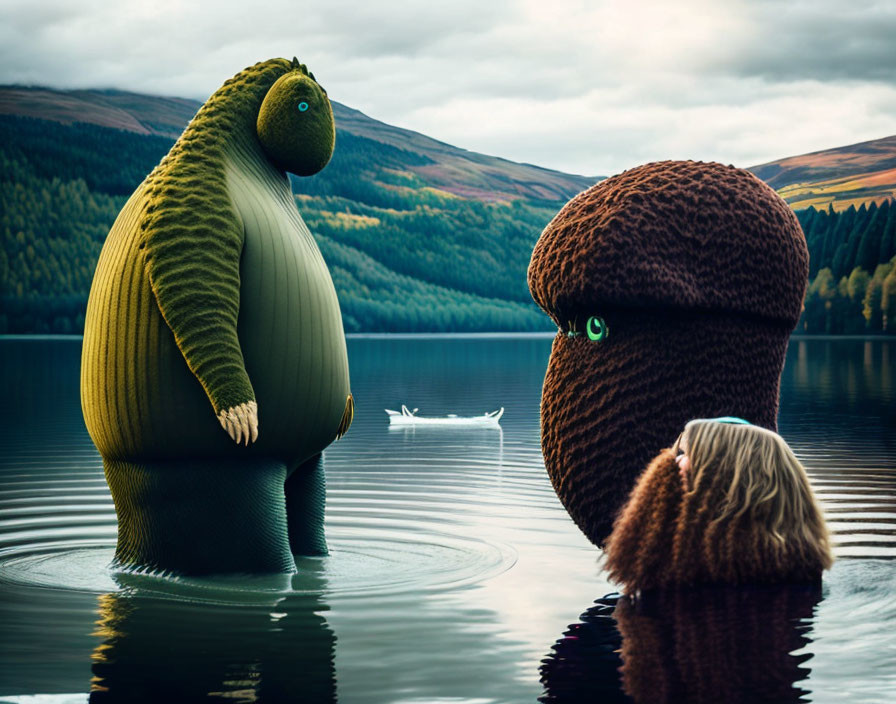 Stylized avocado and chestnut creatures in serene lake with forested backdrop