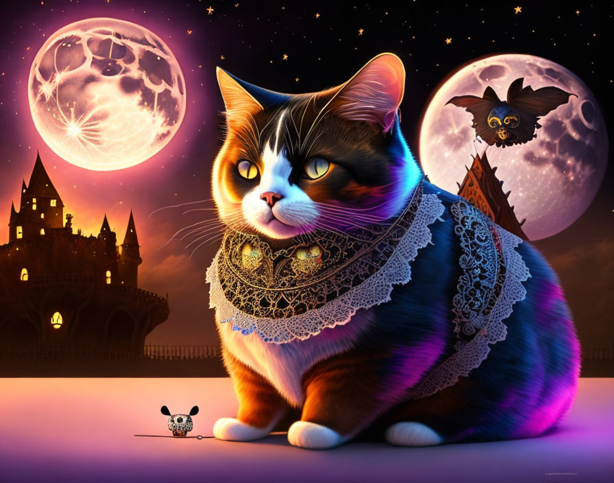 Colorful Cat and Mouse Illustration with Moon, Castle, and Bat
