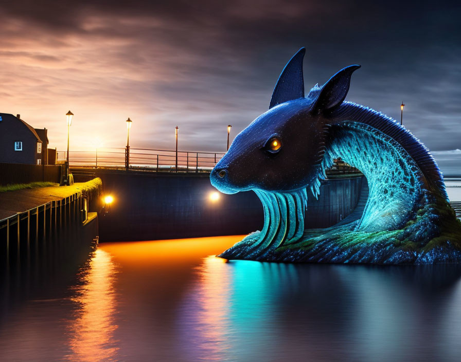 Blue Fish-Like Creature Emerges from Water at Dusk