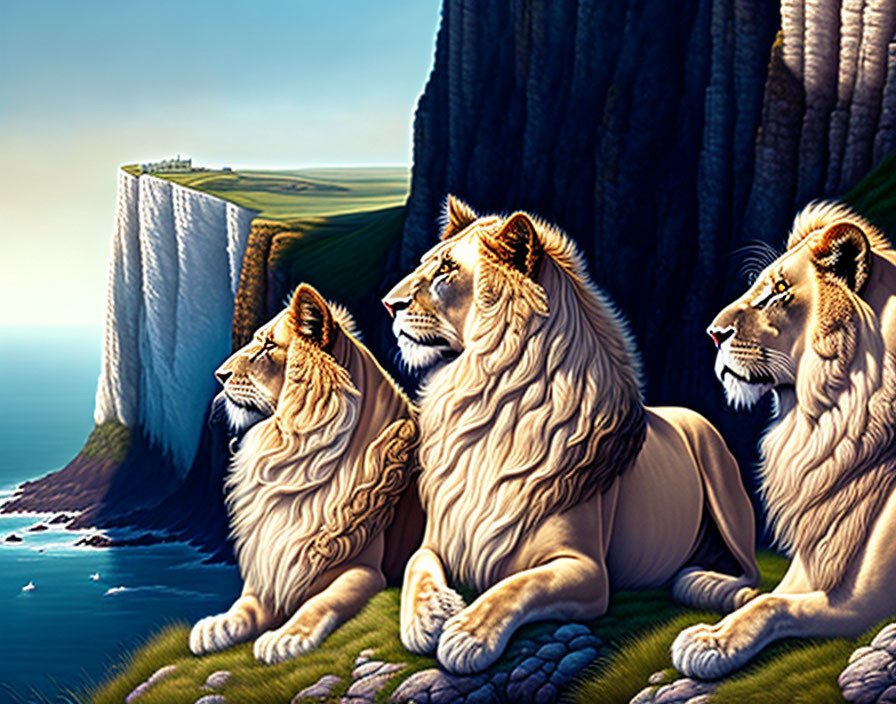 Three lions on cliff with sea & waterfall.