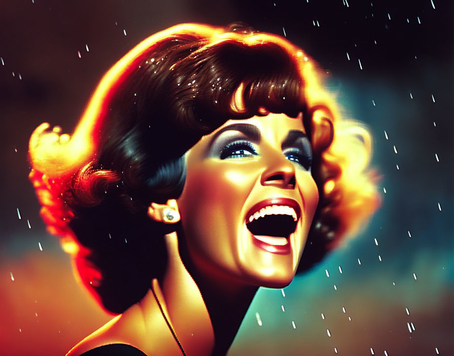 Joyful woman with voluminous hair in retro-styled portrait laughing against bokeh backdrop.