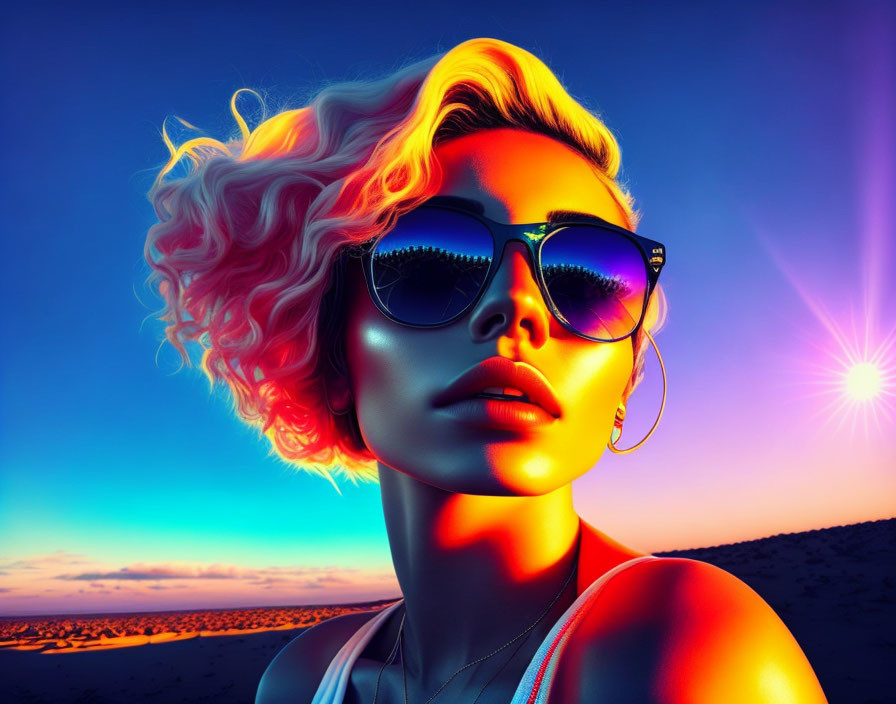 Vibrant sunset digital art of woman with sunglasses