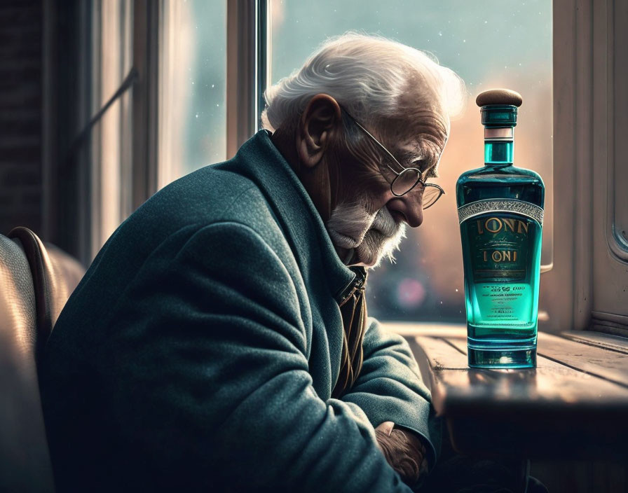 White-bearded elderly man gazes by window with turquoise tonic bottle.