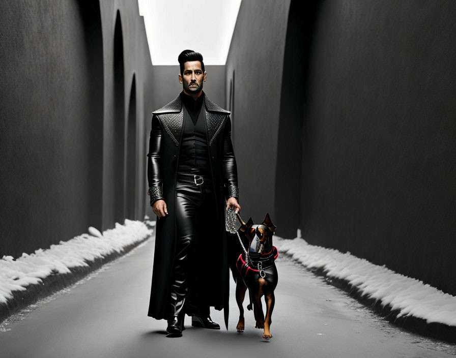 Man in Black Leather Outfit Walking Doberman in Snowy Corridor