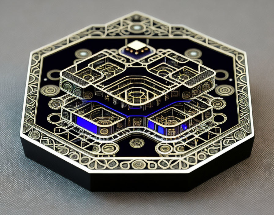 Octagonal Electronic Device with Geometric Patterns and Blue Lights