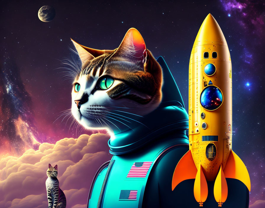 Large cat in space suit with rocket, smaller cat on cloud, cosmic backdrop with planets and stars