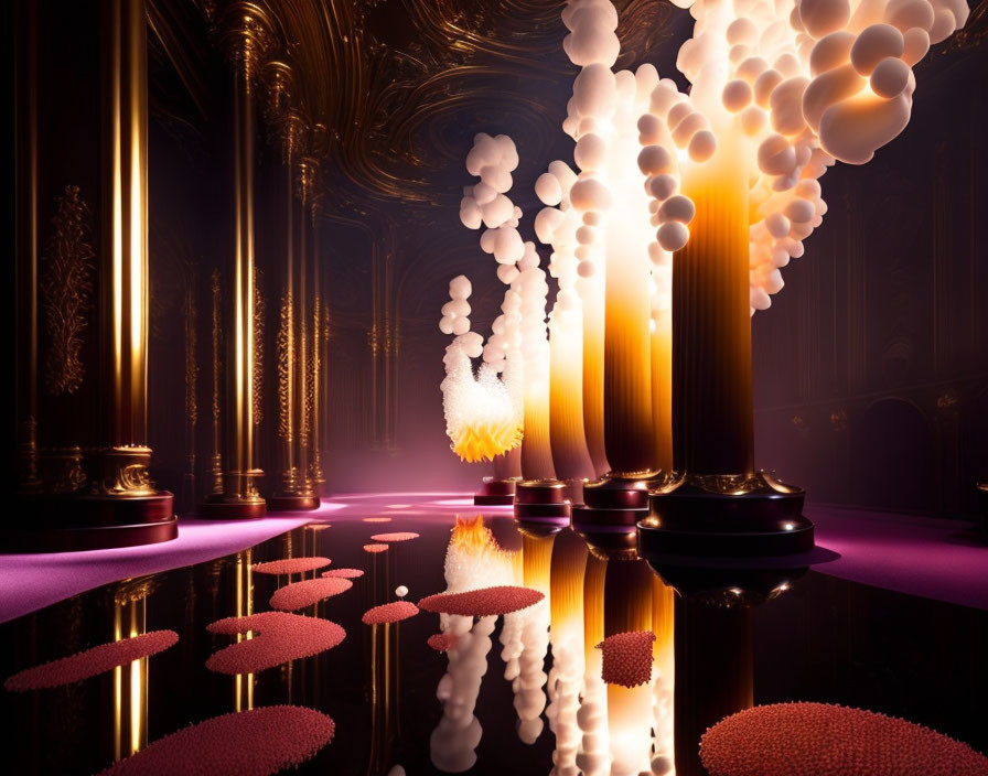 Surreal hall with glowing columns and floating orbs