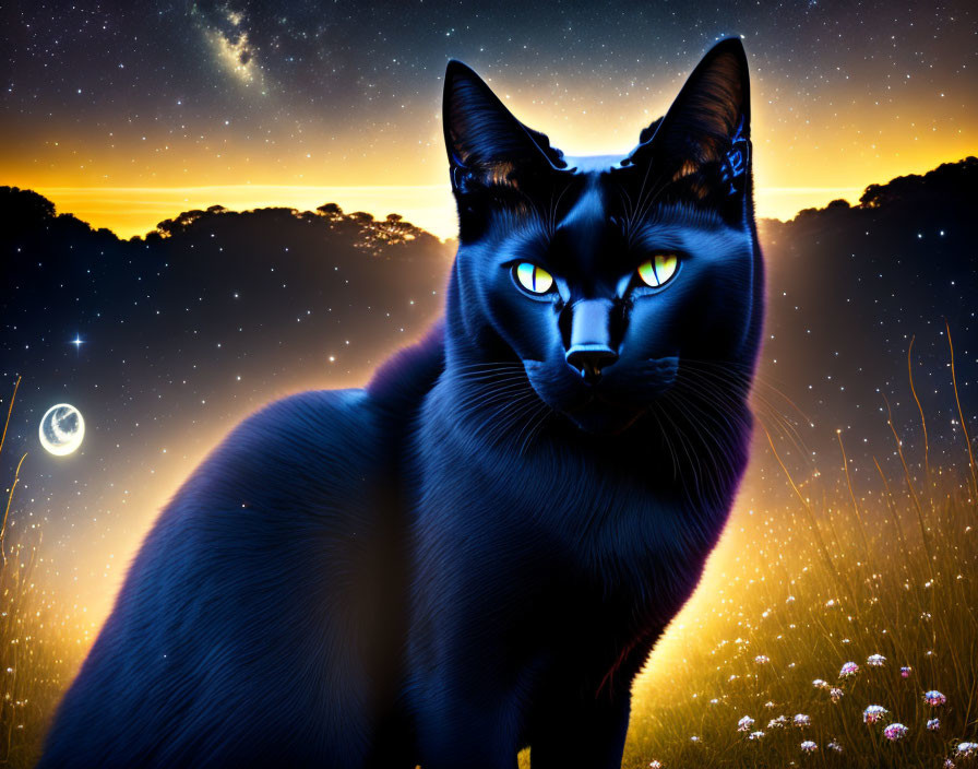 Black cat with green eyes in fantasy night sky with stars and nebulae