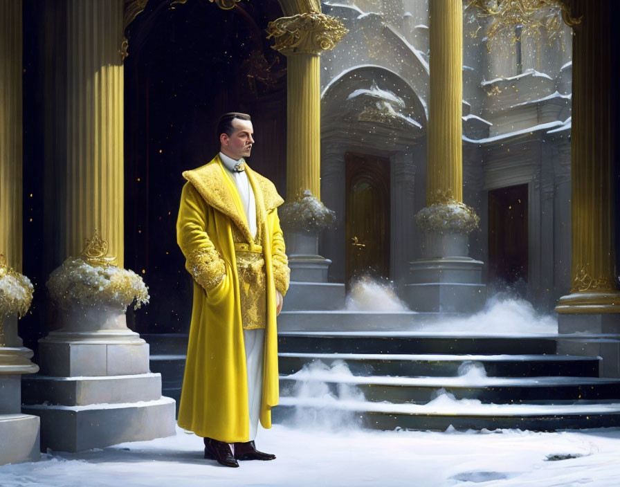 Man in ornate yellow coat on snowy steps of grand building with golden pillars.