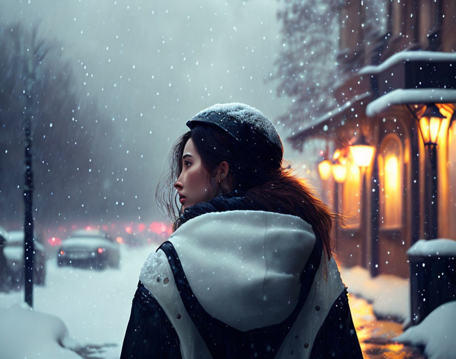 Woman in winter coat and hat on snowy street with city lights.