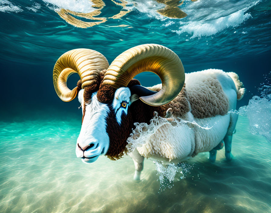 Ram with Spiral Horns Standing in Blue Water