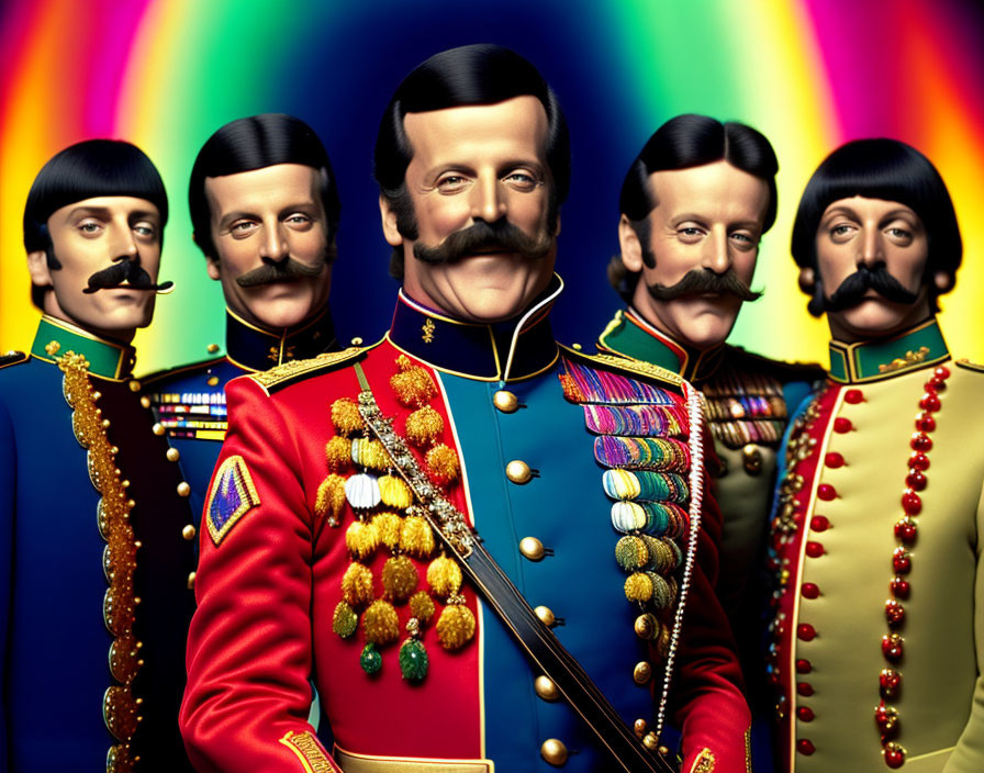 Five mustached figures in colorful military uniforms on rainbow backdrop