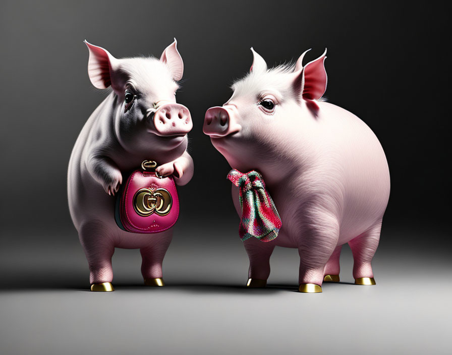 Stylized pigs with purse and bow in golden accents on dark backdrop