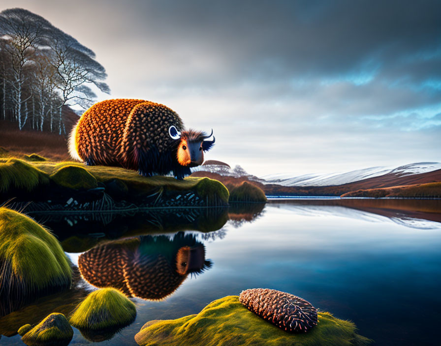 Whimsical sheep-hedgehog hybrid by reflective lake in serene landscape