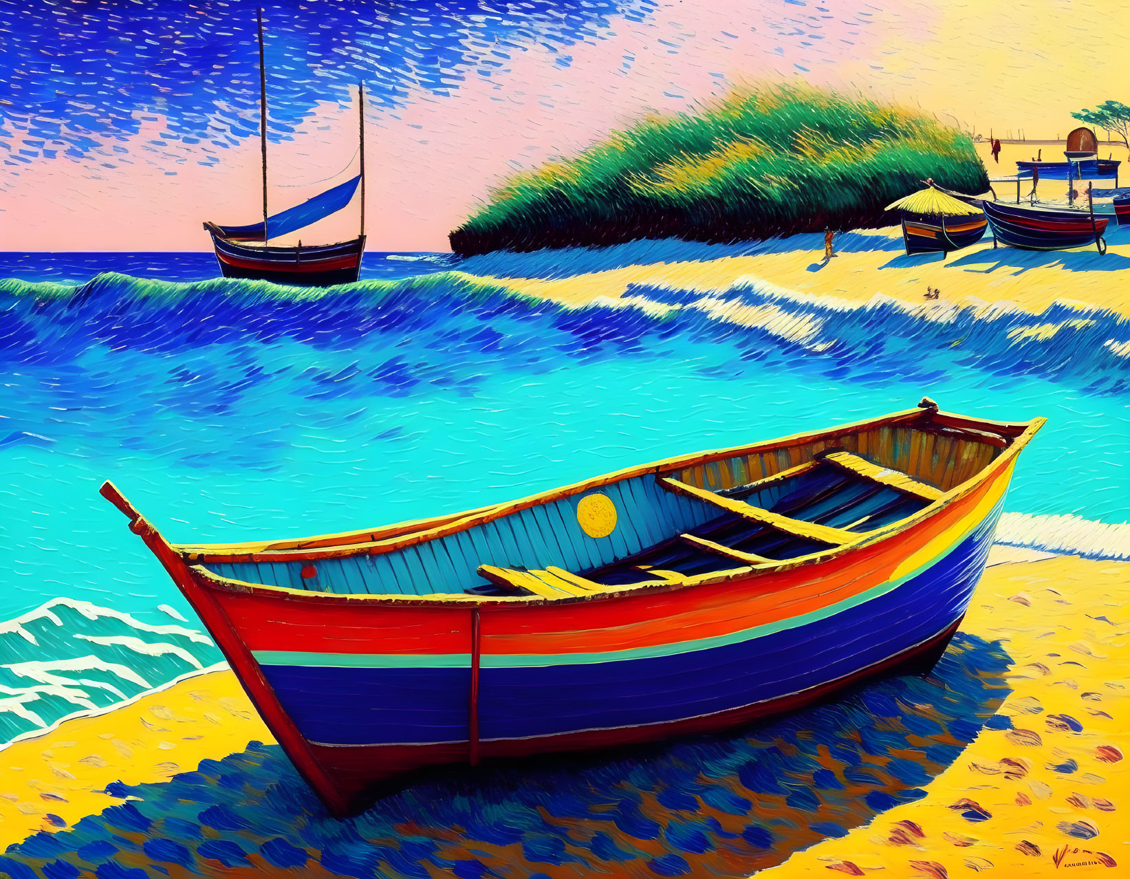 Colorful Boat Painting on Sandy Beach with Tropical Vibe