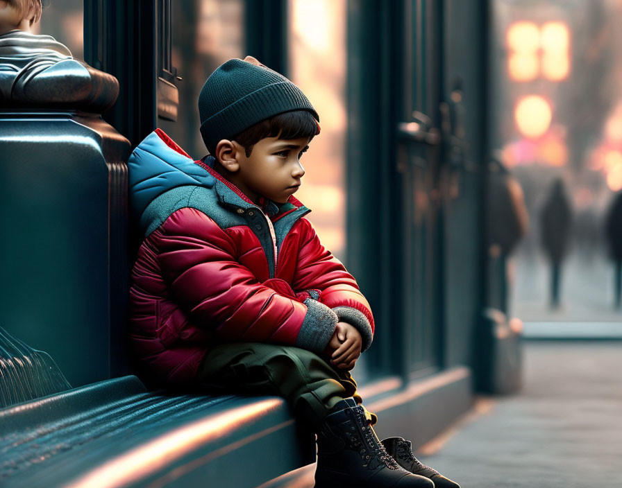 Child in red jacket and beanie on bench with city street background