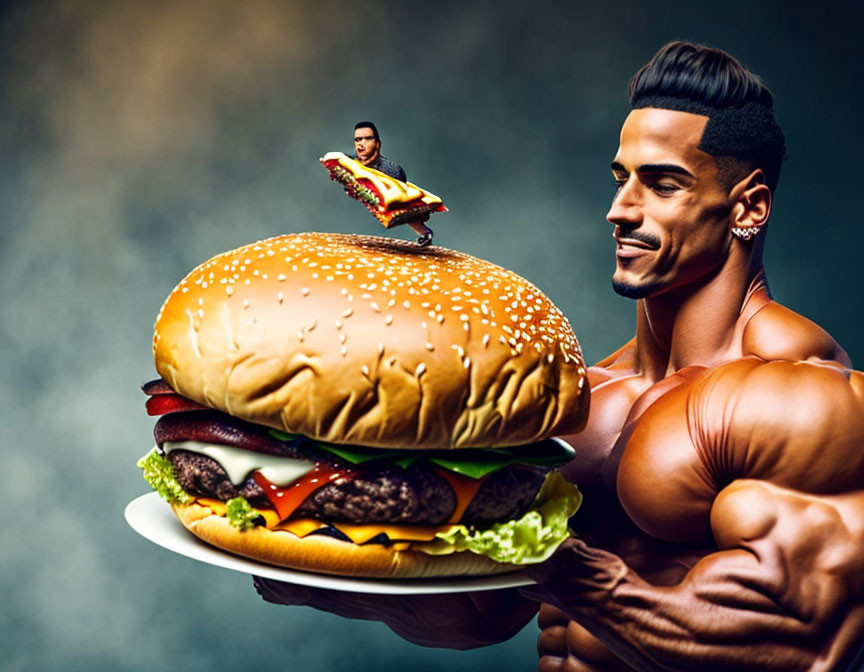 Muscular figure holding giant burger with tiny surfing person on cheese slice