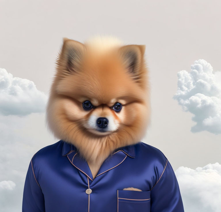 Anthropomorphic Pomeranian in blue shirt under cloudy sky