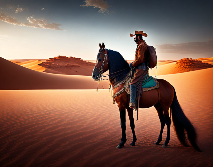 Cowboy on Horseback in Vast Desert Landscape at Sunset